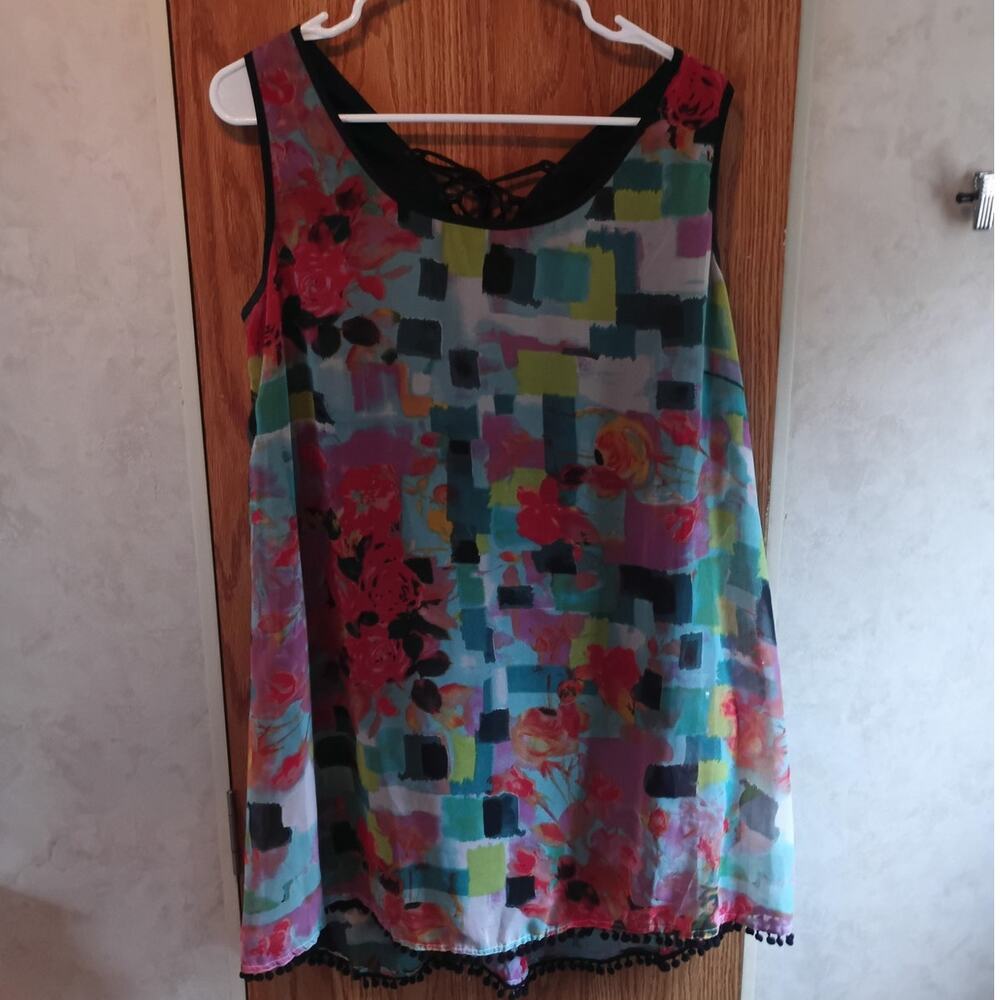 R Cinco Ranch Corset Lace Up Tank Top Artsy Boho Y2K Festival Medium Pompom Hem